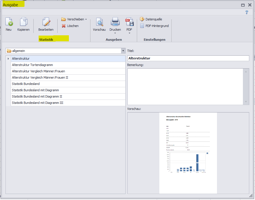 Dialogfenster-Ausgabe-Statistik