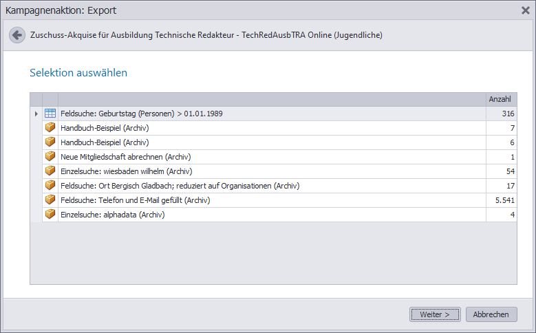 Kampagne-Aktion-Export-Selektion