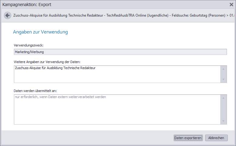 Kampagne-Aktion-Export-Verwendung