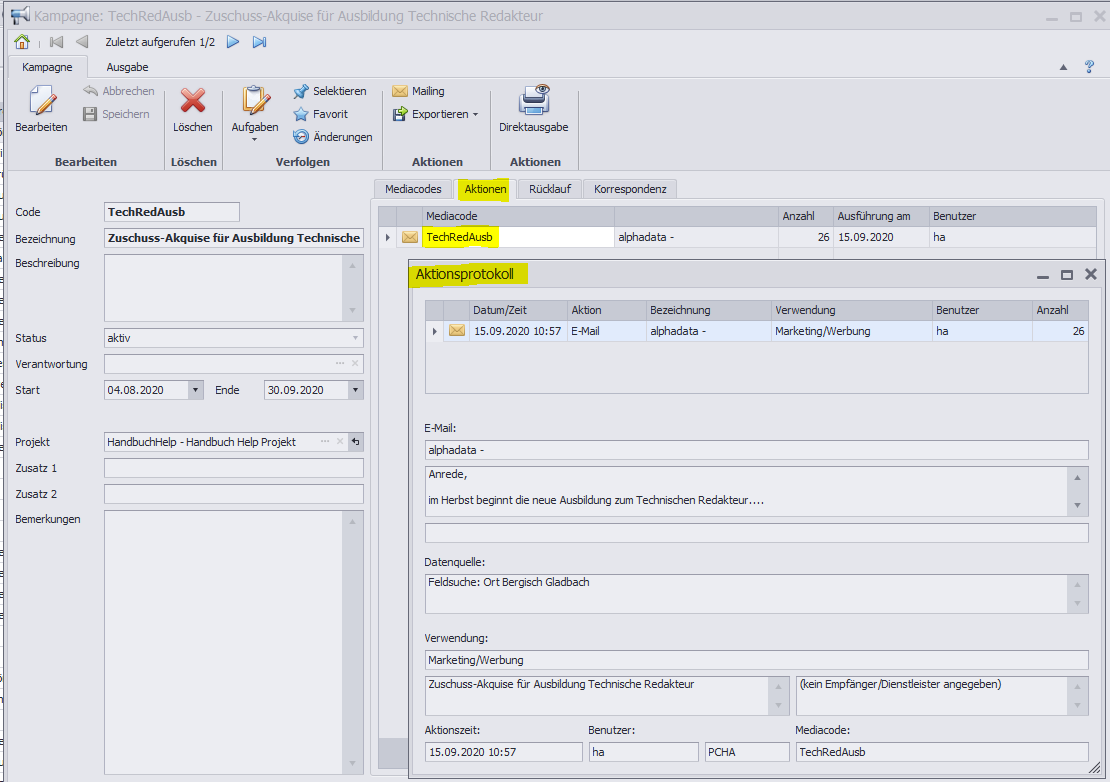 Kampagne-Aktionsprotokoll-Mailing