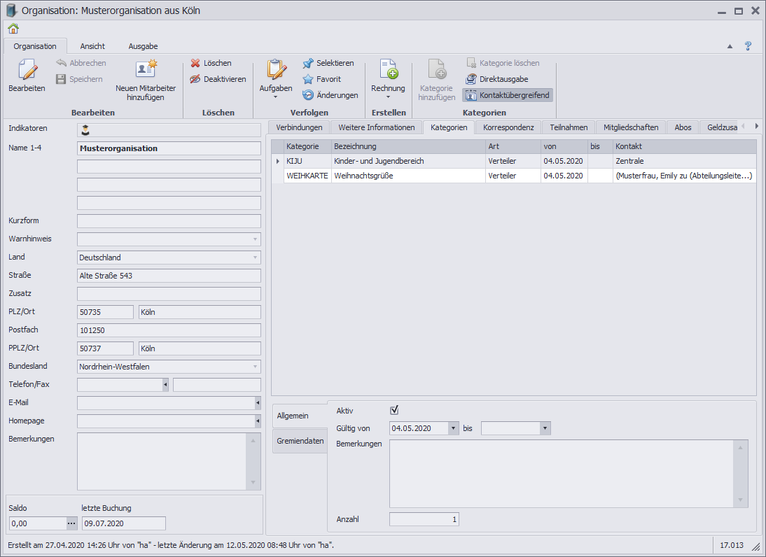 Kontakte-Organisation-Arbeitsfenster