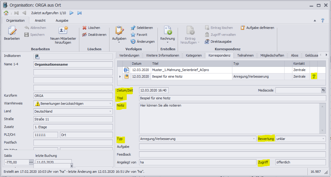 Korrespondenz-Notiz-eingeben