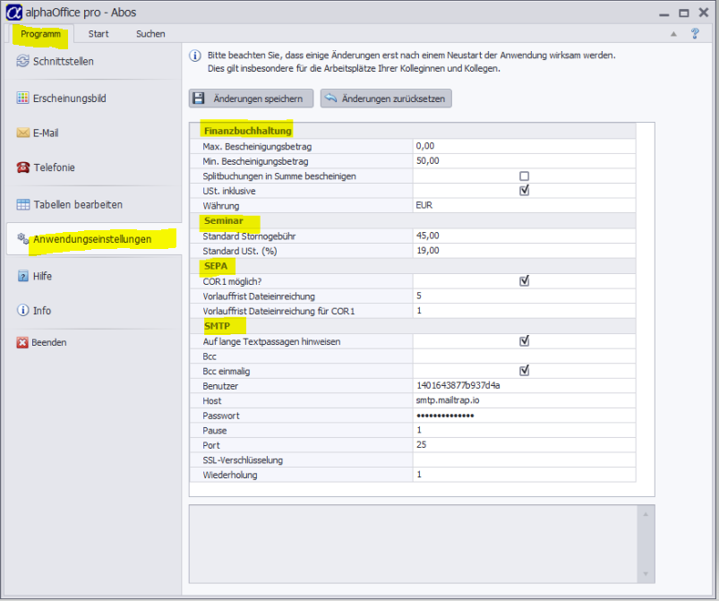 Programm-Anwendungseinstellungen