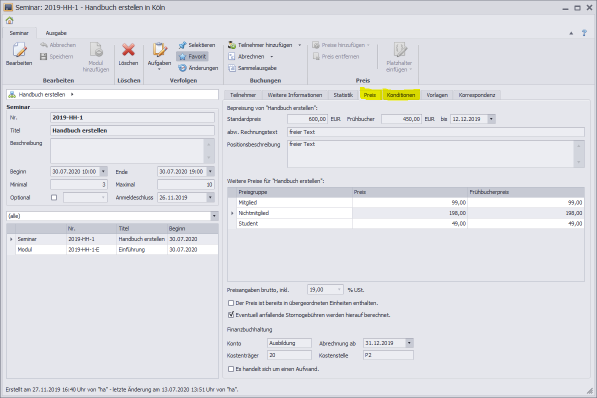 Seminare-Preis-Registerkarte